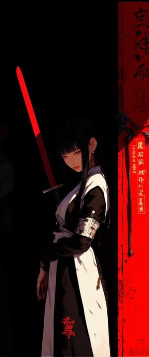 a vibrant illustration of an Asian woman stands in front of a dark backdrop. The woman, dressed in a black and white outfit, is holding a red sword in her right hand. Her right arm is wrapped around her waist, while her left arm is bent at the elbow. Her left hand is draped across her left shoulder, holding the sword with a silver handle. The sword casts a shadow on the left side of the image, adding a pop of color to the scene. To the right of the woman, there is a red door with Asian characters written on it. The background is dark, creating a stark contrast with the woman's outfit.