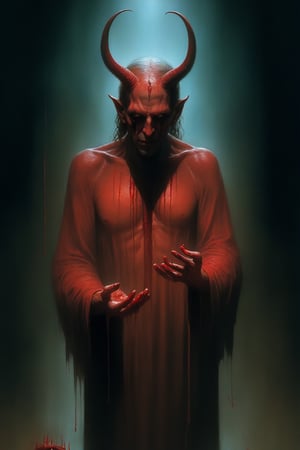 A chilling depiction of a menacing the devil   in a dark and atmospheric setting, with blood dripping from his hands. The artwork should be highly detailed and realistic, utilizing dynamic lighting and shadows to enhance the horror element. The color palette should be dark and moody, with hints of red to emphasize the presence of blood. By renowned artists such as H.R. Giger, Zdzisław Beksiński, and Brom. Resolution: 4k.,,aw0k euphoric style,EpicSky,P1980,xxmixgirl,FilmGirl,Niji Slime,Dark_Fantasy_Style