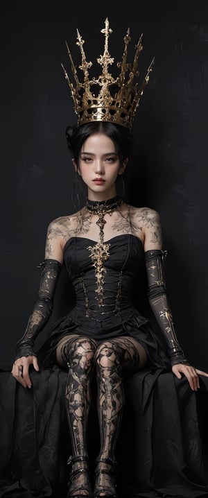 Prompt: (ethereal dark fairy tale by Nicola Samori, JC Leyendecker), y, (dark + gothic, + foreboding background:1.4), 1girl, solo, sitting, gold  throne, crown, science fiction, realistic, mechanical arms, cyborg, single mechanical arm, prosthesis, robot joints, mechanical legs,neon ads,cyberpunk