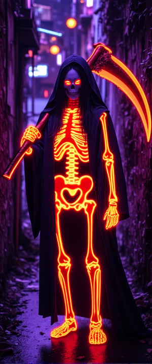 A reaper holding a neon scythe featured in a Luminescent Skeleton Rave, with bones glowing in vibrant neon under blacklight. Employ fluorescent orange-red and midnight blue to capture the energetic yet spooky atmosphere