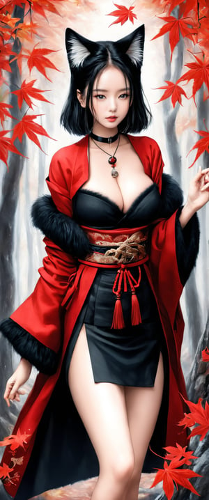 Tekeli, black fox ears, animal ear fluff, black fox tail, black hair, red inner hair, hair ornament, magatama necklace, fur trim, black short kimono, exquisite design, cat_collar, off-shoulder, cleavage, wide sleeves, long sleeves, obi, miniskirt, perfect busty model body, a 17-years-old ethereal and glamorously beautiful girl, walking in a forest, autumn, red maple leaves, pencil sketch, perfect detail, intricate detail, masterpiece, best quality, beauty & aesthetic, charcoal \(medium\)
