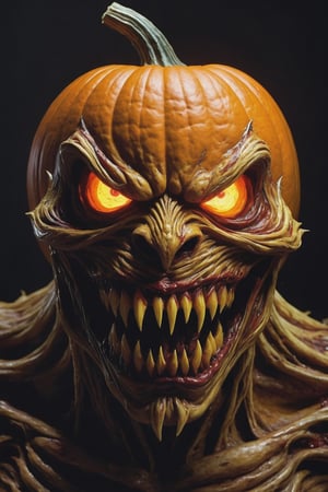 a pumpkin monster creature . Its body combines twisted metal with pulsating flesh. .  grotesque face , with metallic jaws, glowing eyes, and rows of sharp teeth . dark tense and unsettling atmosphere, wearing a cap .sending a postcard,.office,  wearing a cap, reflections, full bodyblood,fear,  By renowned artists such as ,, Francis Bacon, . Resolution: 4k.,,aw0k euphoric style,HellAI,monster,JPO