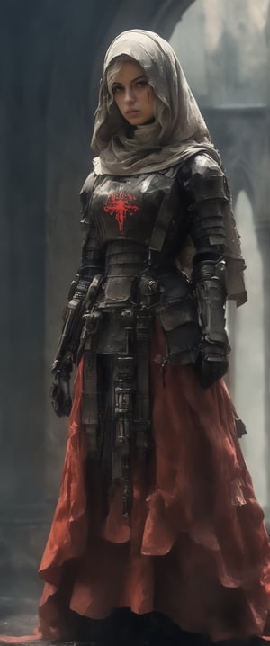 masterpiece, biomechanical legs, combat nun warriror, angry ,, stands arms on hips, red hood, combat ready in an dusty city post apocaliptic ruins, covered in dust, antion shot, movie still, volumetric light, dark and moody style, tense athmosfere, intrincate details, ultra high detallieded, Shattered Armor, rainy, mud,digital artwork by Beksinski,hubg_mecha_girl,darkart,princess,scenery,latex princess