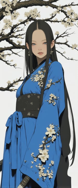 A 70mm lens captures aa medium-sized Asian woman, dressed in a blue kimono, adorned with white flowers, stands in front of a backdrop of a tree branch with white blooms. The woman's hair is styled in a sleek, straight line, and her eyes are a piercing blue. She is holding a black sword in her right hand, adding a touch of contrast to her outfit. The backdrop is a stark white wall, creating a stark contrast to the woman's outfit.,ct-jennie