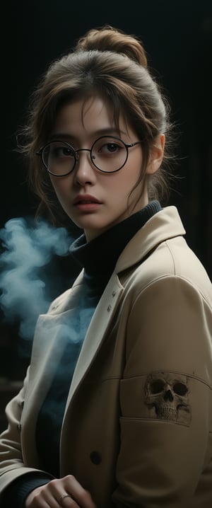 breathtaking ethereal RAW photo of female, ((1girl, brown hair, ponytail, black eyes, glasses, round glasses, Beige coat, black sweater, black skirt, , looking at viewer, dark background, smoke, smoking, cigarette, bored,



 )), dark and moody style, perfect face, outstretched perfect hands. masterpiece, professional, award-winning, intricate details, ultra high detailed, 64k, dramatic light, volumetric light, dynamic lighting, Epic, splash art .. ), by james jean $, roby dwi antono $, ross tran $. francis bacon $, michal mraz $, adrian ghenie $, petra cortright $, gerhard richter $, takato yamamoto $, ashley wood, tense atmospheric, , , , sooyaaa,IMGFIX,Comic Book-Style,Movie Aesthetic,action shot,photo r3al ,bad quality image,oil painting, cinematic moviemaker style,Japan Vibes,H effect,koh_yunjung ,koh_yunjung,kwon-nara,sooyaaa,colorful,bones,skulls,armor,han-hyoju-xl
,DonMn1ghtm4reXL, ct-fujiii,ct-jeniiii, ct-goeuun,mad-cyberspace,FuturEvoLab-mecha,cinematic_grain_of_film,a frame of an animated film of,score_9,3D,style akirafilm,Wellington22A,Mina Tepes,lucia:_plume_(sinful_oath )_(punishing:_g,VAMPL, FANG-L ,kizuki_rei, ct-eujiiin,Jujutsu Kaisen Season 2 Anime Style,ChaHaeInSL,Mavelle,Uguisu Anko