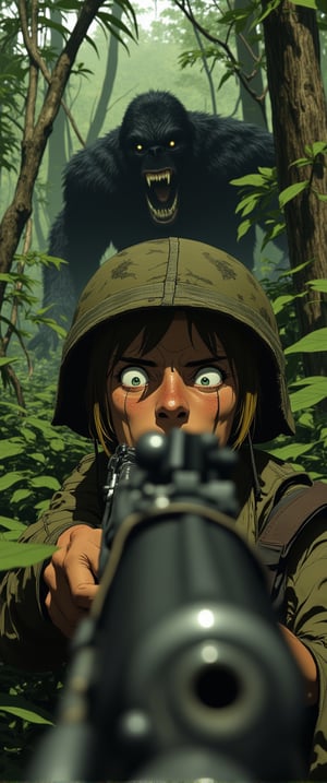 Vietnamese Jungle Ambush: A close-up shot frames a Marine's terrified face, his eyes wide with fear as he cautiously approaches the viewer, rifle at the ready. His camouflage fatigues and helmet blend seamlessly into the dense jungle surroundings, thick foliage and towering trees looming in the background. Unseen to him, a stealthy monster stalks from afar, its piercing gaze fixed on the soldier. The air is heavy with tension as the viewer becomes aware of the predator's proximity, its eyes locked onto the unsuspecting Marine.,ct-anime55,ct-physmstyle