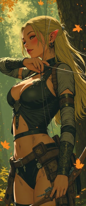 fantasy stylized illustration, elven female archer, profile view, full body shot, masterpiece, high detail, cinematic composition, dramatic lighting character details: elven woman, long blonde hair flowing in wind, pointed ears, serious and focused expression, eyes fixed on target, anime, cyberpunk, ne0nfant4sy, Anime style. pose: archer in full draw position, bow pulled back, arms taut, body angled for perfect form armor: light leather armor with leaf motifs, form-fitting for mobility, arm guards on wrists, quiver on back weapon: ornate wooden longbow, intricately carved with elven designs environment: dense forest backdrop, dappled sunlight filtering through leaves, autumn colors, falling leaves in foreground lighting: golden hour sunlight, rays piercing through trees, creating a magical atmosphere mood: tense, alert, ready for action style: highly detailed digital painting, realistic fantasy, vibrant autumn colors additional elements: leaves and particles floating in air, lens flare effects, subtle magical aura around the archer, intricate elven patterns on armor and bow composition: character positioned on left third of frame, arrow pointing towards right side, creating dynamic tension,ct-rosity,ct-chainb,ct-animefilm,ct-kds,ct-vero13,ct-euntity,ct-jennie,ct-dbe,ct-blondie,ct-amantity,ct-portuguitity,ct-chasartre,ct-bustyy2