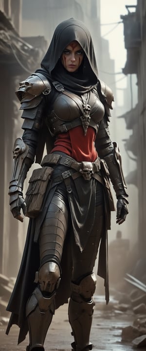 masterpiece, biomechanical legs, combat nun warriror, angry ,, stands arms on hips, red hood, combat ready in an dusty city post apocaliptic ruins, covered in dust, antion shot, movie still, volumetric light, dark and moody style, tense athmosfere, intrincate details, ultra high detallieded, Shattered Armor, rainy, mud