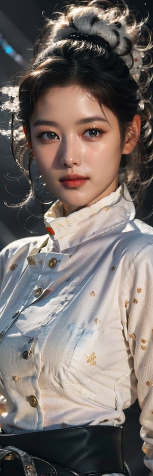 A photorealistic representative of Winter Snow queen, ice white hair, shiny blue eye, sharp look into viewer, juicy lips, Long Eyelashes, Hourglass body, thin waist, wearing black glove with shining snow logo embroidery, white snow belt with red long silk lash, (winter storm in the background:1.5), fantasy, born from snow and happiness, Best quality photo, vibrant color, detailed_background, fractal color, mesmerizing atmosphere, perfect fingers, no finger interlock,1girl锛� roujinzhi, lenkaizm art, 1 girl,  (photorealistic:1.2),  ultra-detailed,  finely detailed,  high resolution, 32k UHD, sharp-focus, (best quality:1.5), (masterpiece:1.3), beautiful and aesthetic, (HDR:0.7), high contrast, (bokeh:1.5), lens flare, GdClth,1girl, very wide angle lens shot, vivid colors, photoshot with a 25mm Nikon lens, calm and elegant, simple gradients, skin grain detail, 