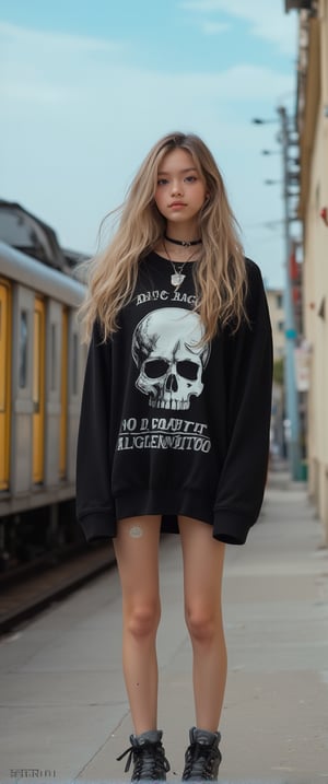 a young woman stands on a sidewalk, her long-haired blonde hair cascades over her shoulders. She is wearing a black long-sleeved sweatshirt with a white skull printed on the front, along with the words "NO BLUE AND WHITE" in white letters. She's wearing a silver necklace with a pendant hanging from it, adding a pop of color to her outfit. Her boots are gray with black laces. The backdrop, a gray and yellow train car is parked on the side of the sidewalk, and a beige building can be seen on the right. The sky is a light blue, with a few wispy clouds.