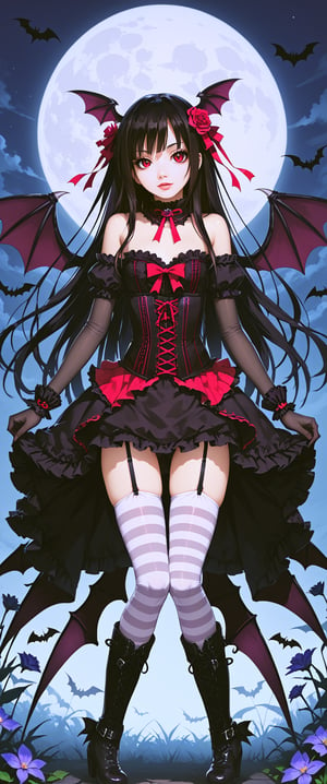1girl, solo, long hair, black hair, thighhighs, gloves, bare shoulders, flower, boots, wings, striped, garter straps, moon, knee boots, bat wings, corset, striped thighhighs, gothic lolita, bat \(animal\), gothic