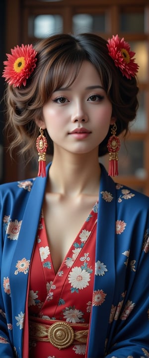 a woman dressed in a traditional Japanese kimono, adorned with a blue robe and a red dress. Her hair is styled in a wavy bob, and she is adorned with two flowers in her hair, adding a touch of beauty to the scene. The backdrop is blurred, creating a stark contrast to the woman's outfit..,ct-vituajis,ct-arix,detailerlora,intricate portrait