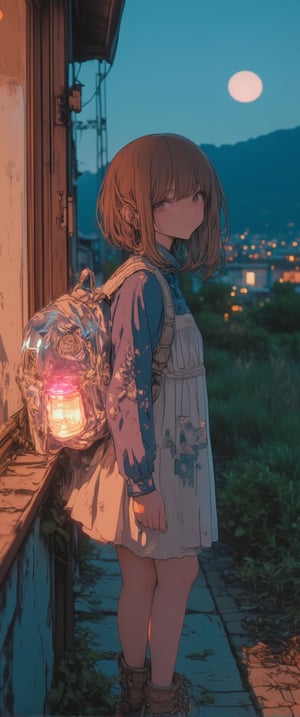 a medium-sized anime girl stands in front of a window(night). She is wearing a light-colored dress, adorned with a floral pattern, and a pair of brown boots with laces on them. Her hair is short, cascades over her shoulders, adding a touch of warmth to the scene. The girl's dress is adorned with small orange stars and a blue shirt with a white design on it, she is wearing a luminiscent and transparent cristal backpack,glowing. She stands on a concrete sidewalk, her left leg is crossed, and her right leg is slightly bent at the elbow. Her left foot is crossed at the knee, while her right foot is straight at the bottom. The backdrop is a vast expanse of grass, with a mountain in the distance. The sky is a deep blue, and the moon is setting, creating a soft glow.