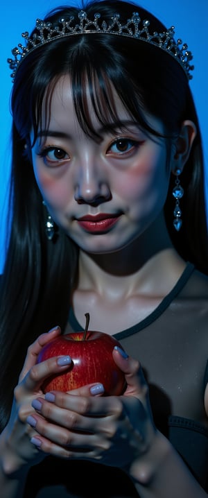 A cinematic close-up shot of a single girl with long, flowing hair and piercing blue eyes, gazing directly at the viewer. Dimly lit, the scene is bathed in misty, realistic lighting that accentuates her features. Her bangs frame her face as she holds a juicy red apple, its sparks catching the light. Chiaroscuro highlights the contours of her upper body, where she wears elegant earrings and a delicate crown. Freckles dance across her cheeks as her lips curve into a subtle smile. The blue background adds depth to the composition, with the dark tones creating a sense of mystery., ct-jissoo,ct-amantity,ct-chasartre,ct-hyuntity