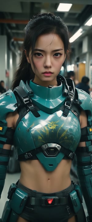 1 young and beautiful girl:1.2)), absurdres, (8k, best quality, masterpiece:1.2), professional photography, dramatic light, (finely detailed face:1.2),(((,, female,official, portrait, modern station  cyberpolice fighter, top quality, highly detailed, intricate, realistic, indoors, Bold Turquoise Silver Green Chartreuse, solarpunk, Crew Cut, Bruneian, masterpiece, Finest details, 8K, HD, HDR, Death Squad, , cowboy shot, perfect face, gorgeous eyes,sooyaaa