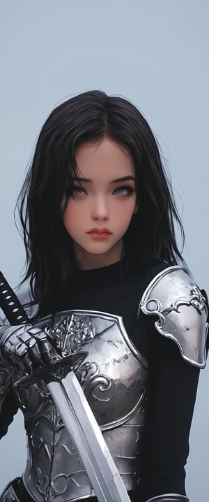 1girl, solo, looking at viewer, black hair, white background, holding, closed mouth, weapon, sword, medium hair, armor, helmet, cross, shoulder armor, gauntlets, headwear removed, pauldrons, breastplate, helmet removed