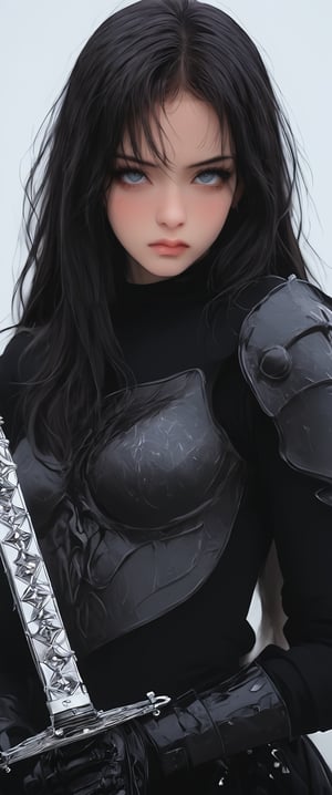 1girl, solo, looking at viewer, black hair, white background, holding, closed mouth, weapon, sword, medium hair, armor, helmet, cross, shoulder armor, gauntlets, headwear removed, pauldrons, breastplate, helmet removed