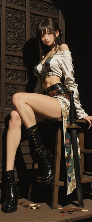 A woman clad in a sexy kimono-inspired ensemble sits poised on a rustic wooden stool, her right hand grasping a sword while her left hand rests casually on her hip. Her draped arm adds harmony to the composition as she appears strong and serene against the dramatic backdrop of a dark, ornate, intricately carved Japanese-style screen.