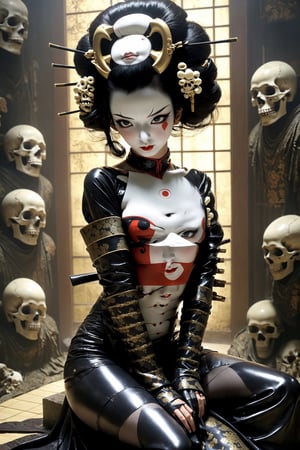 poster of a sexy  geisha [suffering,  burdened by the weight of a deception, burden]  in a  [throne of bones ], ,  very_high_resolution, latex clothing uniform, eye angle view,  , designed by  Dave Mckean,aw0k nsfwfactory,aw0k magnstyle,danknis,sooyaaa,Anime ,IMGFIX

