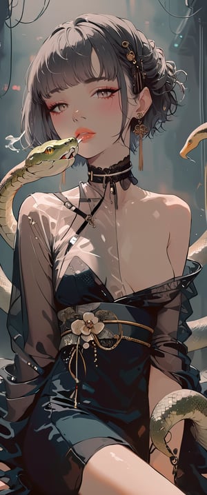 A femme fatale cyborg sits solo in a smoky cyberpunk club, petting a snake  as it gazes directly at the viewer. Her short hair and bangs frame her striking features, adorned with jewelry and a black choker. She dons a revealing seethrough kimono, paired with Japanese-style earrings. A cigarette dangles from her lips as she exudes an air of sexy sophistication, surrounded by the dark, gritty atmosphere of Conrad Roset's style. txznmec