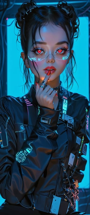 A cyborg girl posing seductively in a smoky cyberpunk nightclub. She's wearing a black leather jacket with glowing blue circuits and a plunging neckline, her eyes gleaming like neon lights in the dark. The walls are adorned with retro-futuristic advertisements and pulsating holographic displays. She extends her index finger, giving a sly heart sign to the camera, her bright red nails glistening under the strobing lights.,anime, (masterpiece:1.2)