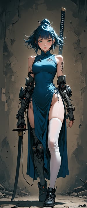 1girl, solo, breasts, looking at viewer, short hair, black hair, thighhighs, gloves, dress, holding, medium breasts, green eyes, blue hair, standing, full body, weapon, earrings, elbow gloves, dark skin, holding weapon, white thighhighs, dark-skinned female, katana, tattoo, chinese clothes, holding katana, china dress, pelvic curtain, huge katana

 real,realistic,real_life,chiarosaurio,dal-27,dal-1,ct-virtual