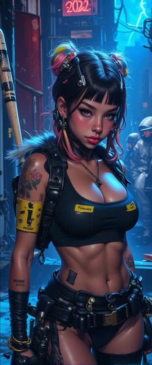 Here's a high-quality, coherent SD prompt based on the input: A close-up shot of a automata woman ' in her a cyberpunkpunk attire,mechanical joints, mechanical parts, wires,joints captured in ultra-high definition. She stands confidently, baseball bat held aloft, with vibrant hair styled in alternating blue, pink, and yellow hues. Her face is a masterpiece of dark makeup, featuring heavy eyeliner, red lipstick, . Sharp focus on her intense eyes, with a deep depth of field , . The background is a dark urban landscape with a blue-purple hue, contrasting strikingly with her colorful outfit. High-contrast lighting creates a cinematic atmosphere, with atmospheric shadows adding to the moody tone. Professional photography and 32K UHD resolution deliver photorealistic details, vivid colors, and high dynamic range. A truly impactful and visually stunning image, perfect for an action-packed movie poster.,ct-bratz,ct-prettienime2,ct-bustyy2