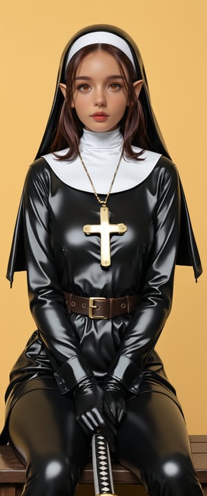 1girl,sexy,latex, thight,  solo, long hair, looking at viewer, , simple background, gloves, long sleeves, sitting, closed mouth, weapon, pointy ears, belt, sword, orange eyes, wariza, katana, sheath, yellow background, pouch, sheathed, orange background, nun, habit, scabbard, weapon on back, irreverent, sensual, escote, muy apretado, medias altas,s3nchi,ch0wb13nun,Nun,nunl0l,inverted cross,rebnun