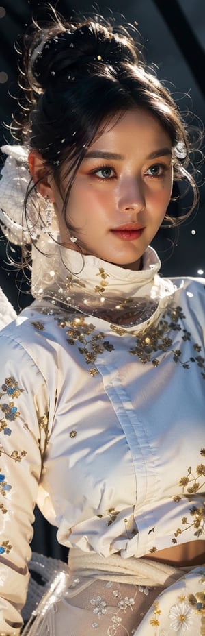 A photorealistic representative of Winter Snow queen, ice white hair, shiny blue eye, sharp look into viewer, juicy lips, Long Eyelashes, Hourglass body, thin waist, wearing black glove with shining snow logo embroidery, white snow belt with red long silk lash, (winter storm in the background:1.5), fantasy, born from snow and happiness, Best quality photo, vibrant color, detailed_background, fractal color, mesmerizing atmosphere, perfect fingers, no finger interlock,1girl锛� roujinzhi, lenkaizm art, 1 girl,  (photorealistic:1.2),  ultra-detailed,  finely detailed,  high resolution, 32k UHD, sharp-focus, (best quality:1.5), (masterpiece:1.3), beautiful and aesthetic, (HDR:0.7), high contrast, (bokeh:1.5), lens flare, GdClth,1girl, very wide angle lens shot, vivid colors, photoshot with a 25mm Nikon lens, calm and elegant, simple gradients, skin grain detail, 