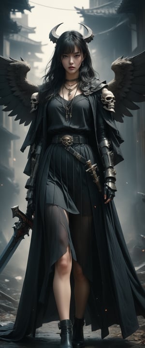 breathtaking ethereal RAW photo of female (1girl, solo, long hair, looking at viewer, bangs, skirt, black hair, long sleeves, dress, holding, jewelry, closed mouth, standing, weapon, outdoors, mechanical wings, horns, belt, sword, blunt bangs, black skirt, necklace, cape, holding weapon, black eyes, black dress, holding sword, cloak, black wings, pouch, black cape, belt pouch, black capelet


 )), dark and moody style, perfect face, outstretched perfect hands . masterpiece, professional, award-winning, intricate details, ultra high detailed, 64k, dramatic light, volumetric light, dynamic lighting, Epic, splash art .. ), by james jean $, roby dwi antono $, ross tran $. francis bacon $, michal mraz $, adrian ghenie $, petra cortright $, gerhard richter $, takato yamamoto $, ashley wood, tense atmospheric, , , , sooyaaa,IMGFIX,Comic Book-Style,Movie Aesthetic,action shot,photo r3al,bad quality image,oil painting, cinematic moviemaker style,Japan Vibes,H effect,koh_yunjung ,koh_yunjung,kwon-nara,sooyaaa,colorful,bones,skulls,armor,han-hyoju-xl
,DonMn1ghtm4reXL, ct-fujiii,ct-jeniiii, ct-goeuun,mad-cyberspace,FuturEvoLab-mecha,cinematic_grain_of_film,a frame of a animated film of,score_9,3D,style akirafilm, ct-eujiiin