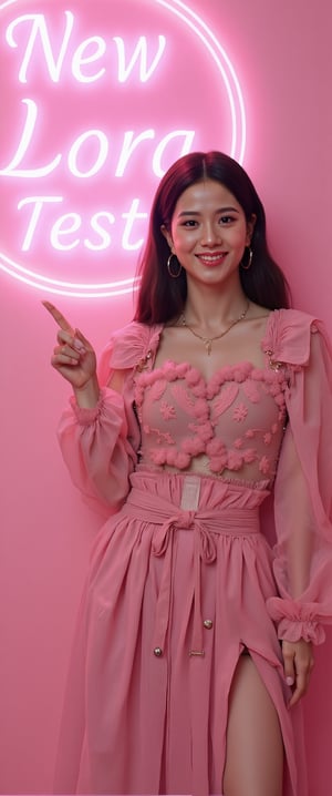 A very beautiful woman is pointing at the viewer and smiling, pointing at a large neon sign that says "New Lora Test". The background is cute with light tones in a Japanese style. Detailed texture, high quality, high resolution, high precision, realism, color correction, good lighting settings, harmonious composition, Behance work, watercolor, text, the text is "",ct-kjbp