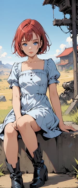 1girl, solo, looking at viewer, short hair, bangs, blue eyes, dress, sitting, closed mouth, collarbone, short sleeves, red hair, boots, outdoors, sky, black footwear, white dress, mechanical legs,anime, (masterpiece:1.2)