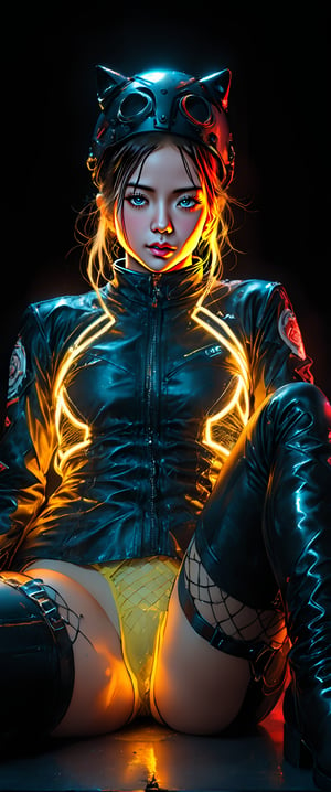 A solo android sitting confidently in a simple black background, surrounded by a yellow neon triangle advertisement. Her semi-nude figure is clad in tight latex with neon implants, garter belt, and stockings, paired with over-knee boots. The Biker's full-face helmet has a striking sticker on the side. Legs spread wide, , she exudes sensual confidence. The floor reflects the neon lights, creating a futuristic ambiance., ct-eujiiin