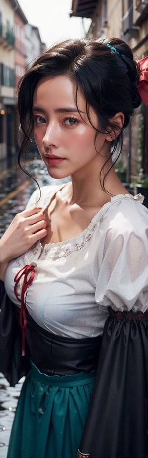 wetshirt, woman standing in a downpour, european village, dirndl dress, (by Steve McCurry, by Alessio Albi, by Lee Jeffries, by Herb Ritts, by Jeremy Mann:0.8), black hair, updo, close-up, leaning against wall, cobblestone, rain, street, bokeh, red ribbons, wetshirt, 