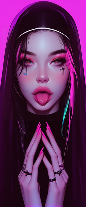 Vibrant digital illustration of a punk-modern young woman with long, dark hair and a straight fringe. She wears a bright blue nun's habit over a colorful t-shirt and crucifix. Her face is framed by decorated hands adorned with rings and painted nails in various colors. Intricate, colorful tattoos cover her skin, featuring birds and artistic designs. A playful tongue . Eye makeup is bold, with vibrant contact lenses. Against a neon pink background, an stylized sun design fills the frame.