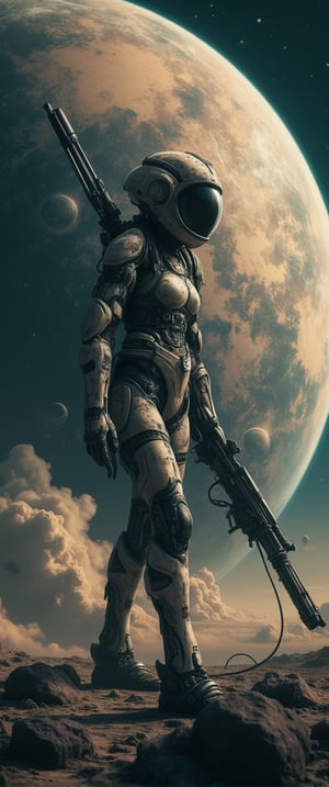 ,(ultra realistic,32k, masterpiece:1.2),(high detailed skin:1.1),( high quality:1.1), (masterpiece, best quality), best quality, masterpiece, photorealistic, ultrarealistic, professional photograph shot on Canon EOS R6, More detail,) a woman in a spacesuit with a gun in front of a planet, Style of Jim Burns, Retro-Science-Fiction-Art, cyborg goddess in cosmos, Greg Beeple, Vintage Science-Fiction-art, 7 0 s Sci-Fi-art, Frank Kelly Freas, 1 9 8 0 s Retro-Science-Fiction-art.,wonder beauty,Enhanced all,Anime Style

, ,jisosmile,ct-identity,vntgfnts style,low quality 1980 movie screengrab,lowres,cinematic,film grain,blurry,,cyberpunk,FuturEvoLabScene