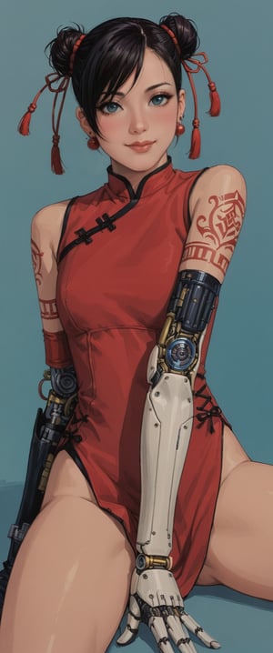 A striking cyborg sit solo on a deep blue background, her short black hair styled in a double bun adorned with a hair ornament. Her piercing gaze meets the viewer's, as she sits cross-legged, her hand discreetly placed between her legs. A red Chinese dress flows around her, intricately embroidered with mechanical parts that seem to blend seamlessly into her robotic arm and joints. A sword lies between her legs, its handle glinting in the dim light. Her lips curve into a subtle smile, as she proudly displays her arm tattoo. Earrings and a hair bun complete her striking ensemble, exuding confidence and power.