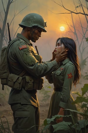 Highly detailed, High Quality, Masterpiece, An illustration, bestquality, best aesthetic, digital painting, ((oil painting)), (close-up upper body:1.5), [: a vietnan war concept art, american rude soldier  bringing his hand closer to the face in a loving gesture to a Vietnamese girl,in an abandoned leafy field with war fog], sunset, raw love scenne, greg rutkowski,DonMn1ghtm4reXL