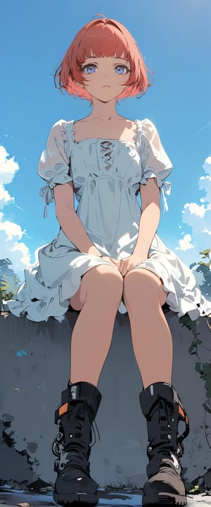 (by Carne Griffiths, Conrad Roset), 1girl, solo, looking at viewer, short hair, bangs, blue eyes, dress, sitting, closed mouth, collarbone, short sleeves, red hair, boots, outdoors, sky, black footwear, white dress, mechanical legs,anime, (masterpiece:1.2)