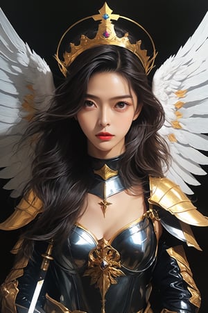 Realist portrait of Queen, beautiful face, cool vibes, goddess of genesis, masterpiece, painting darkly comedic precisionist, goddesscore armor, queen of sword, latex uniform, epic, ((Large Angle Wings)), aw0k magnstyle, danknis, sooyaaa, Anime , IMGFIX, niji style,sooyaaa,dlwlrma,IMGFIX,roses_are_rosie,kwon-nara