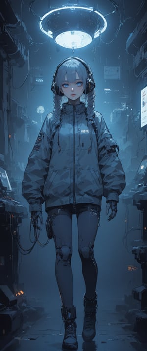 Create a detailed illustration of a young girl in a futuristic, cyberpunk environment. The young woman must have a unique and striking style, with the following characteristics:

Hair:

Bright blue color.
Braided into two long braids that fall in front of her shoulders.
Face:

Delicate and youthful, with large and expressive eyes.
A mark or tattoo in the shape of small stars under one of her eyes.
Outfit:

A loose white or light gray suit, with stitching and zipper details.
The suit should appear functional and designed for technological or exploratory activities.
Equipment:

A large, technological helmet with the inscription "utron
The helmet should have large round headphones on the sides, connected with cables and lights, and an antenna.
One of the young woman's arms must be a robotic prosthesis, with cables, connectors and visible mechanical parts. The robotic hand should have a cracked, luminous sphere.
Background and Environment:

A busy place, such as a convention or technology fair, with people out of focus in the background.
Bright lighting, with neon lights and reflections to add to the futuristic atmosphere.
The image should capture the essence of the cyberpunk style, with a mix of technological and human elements, and an artistic touch reminiscent of comic or manga art., m3,txznmec