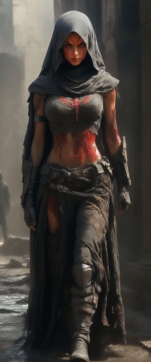masterpiece, biomechanical legs, combat nun warriror, angry ,, stands arms on hips, red hood, combat ready in an dusty city post apocaliptic ruins, covered in dust, antion shot, movie still, volumetric light, dark and moody style, tense athmosfere, intrincate details, ultra high detallieded, Shattered Armor, rainy, mud,digital artwork by Beksinski,hubg_mecha_girl,darkart,princess,scenery