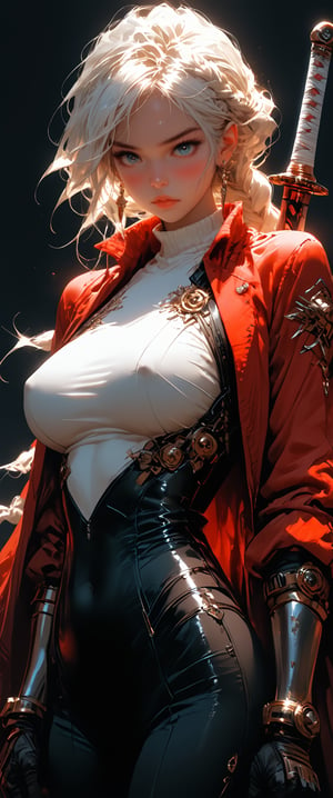 score_9, score_8_up, score_7_up, score_6_up, 1girl, solo, long hair, breasts, looking at viewer, blush, large breasts, shirt, gloves, holding, jewelry, very long hair, closed mouth, standing, jacket, white shirt, weapon, braid, white hair, cowboy shot, earrings, open clothes, pants, sword, holding weapon, armor, arm up, lips, book, single braid, bodysuit, covered navel, holding sword, black pants, black background, gauntlets, skin tight, red jacket, braided ponytail, glint, taut clothes, tight, red coat, single gauntlet
,realistic,real_life,real,chiarosaurio,huge breast, covered puffy nipples,sensual pose,sexy,chiarosaurio
