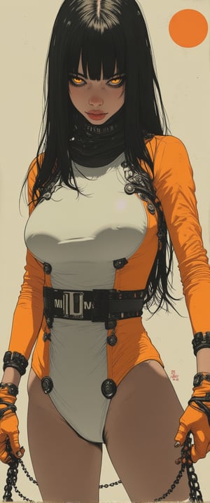 a woman with long black hair and bright yellow eyes. She is wearing a white and orange outfit with a black belt that has the letters "CTMAKER" on it. Her outfit also has orange and black gloves on her hands. Her arms are out to her sides and her legs are slightly bent. The background is a light cream color and there is an orange circle in the upper right corner of the image. Amidst this moody, atmospheric setting, her elegant posture exudes an enchanting contrast, drawing us in to unravel the secrets of her mysterious world.,ct-identityV2,ct-colority,ct-sensanime,ct-bustyy2,ct-chainb,ct-fititty,ct-leetity