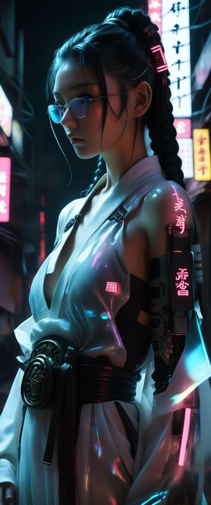 In a darkened alleyway, lit only by the faint glow of holographic advertisements, a cyberpunk samurai girl stands tall. Her shiny black hair is styled in long braids that cascade down her back like a waterfall of night. Neon glasses gleam on her face, casting an otherworldly sheen. She wears a flowing white kimono, cinched at the waist by a slender belt adorned with metallic accents.

Her eyes are pools of deep blue, mesmerizing as they fix intently on some distant point. Her left hand rests on the hilt of a katana, its blade glinting in the dim light like a promise of justice. The middle finger of her right hand is raised, a subtle gesture that speaks volumes.

The composition is deliberate, drawing the viewer's eye to the subject's confident stance and enigmatic expression. The overall aesthetic is one of high-tech elegance, as if this cyberpunk warrior has stepped straight from the pages of a futuristic manga.