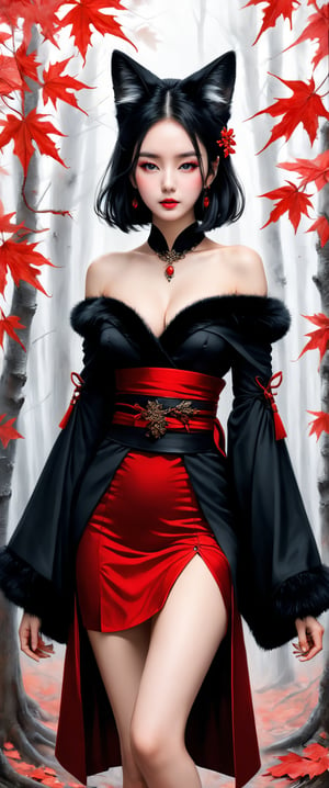 Tekeli, black fox ears, animal ear fluff, black fox tail, black hair, red inner hair, hair ornament, magatama necklace, fur trim, black short kimono, exquisite design, cat_collar, off-shoulder, cleavage, wide sleeves, long sleeves, obi, miniskirt, perfect busty model body, a 17-years-old ethereal and glamorously beautiful girl, walking in a forest, autumn, red maple leaves, pencil sketch, perfect detail, intricate detail, masterpiece, best quality, beauty & aesthetic, charcoal \(medium\)
