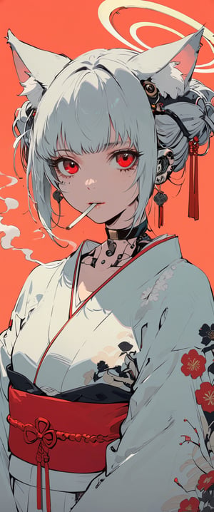 (by Carne Griffiths, Conrad Roset), 1girl,cyborg,android,mechanical, mechanical parts, mechanical joints, solo, looking at viewer, short hair, bangs, red eyes, animal ears, jewelry, upper body, white hair, earrings, japanese clothes, horns, choker, kimono, animal ear fluff, black choker, halo, red background, smoke, cigarette, white kimono, smoking, egasumi m3,Dark Manga of,Dark Anime of