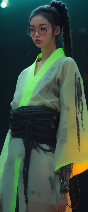 (cyberpunk girl like a samurai in the style of Conrad Roset, Nicola Samori), ultra realistic, (arbitrarily beautiful:1.4), full body, sexy female, (shiny black hair, long braids, neon glasses,transparet kimono),(neon lights) more detail XL, ct-fujiii, ct-goeuun,ct-jeniiii, ct-eujiiin,txznmec,ct-niji2,ct-niji3