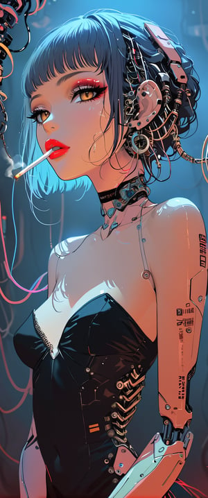 A femme fatale cyborg((( mechanical parts, mechanical joints, mechanical))) sits solo in a smoky cyberpunk club, petting a snake  as it gazes directly at the viewer. Her short hair and bangs frame her striking features, adorned with jewelry and a black choker. She dons a revealing seethrough kimono, paired with Japanese-style earrings. A cigarette dangles from her lips as she exudes an air of sexy sophistication, surrounded by the dark, gritty atmosphere of Conrad Roset's style. txznmec,score_9