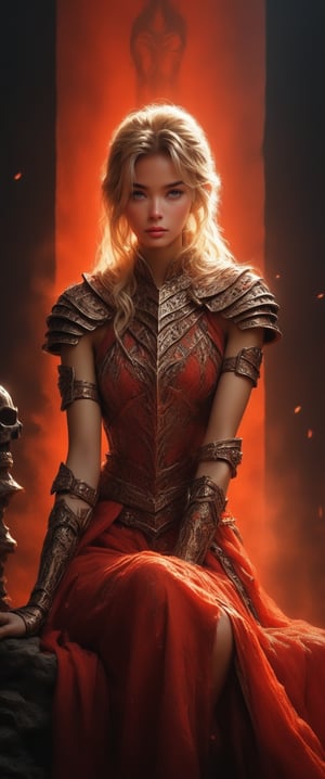 Hayao Miyazaki style ~ ((20 years old)) Scandinavian blonde female warrior sitting on a bone throne, red armor, highly detailed and intricate, dynamic pose, more detail XL, tetradic colors, epic masterpiece, cinematic experience, 8k, dark fantasy digital art

